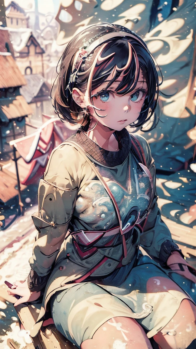1 girl, alone, ((sitting: 2.5)), short hair, looking at viewer, blushing, bangs, hair ornament, jewelry, green eyes, himecut, (red hair), earrings, lips parted, blurred, lips, ((winter clothes: 1.1)), eyelashes, portrait, light particles, ((masterpiece: 2.5)), excellent quality, ((standing: 1.5)), city background, ((stunning_image: 1.5)), ( (snow in the air: 1)), full-length photo.