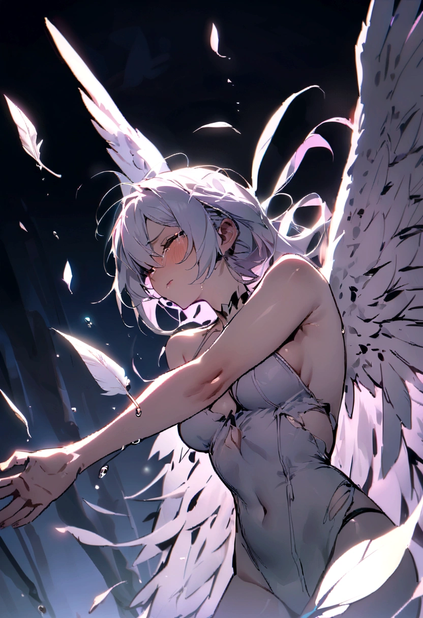 (masterpiece:1.1), (best quality:1.1), (Vibrant colors:1.1), (Solitary:1.2), (1 Girl:1.0), ((weightlessness,Falling posture)),Drunk,Close your eyes,Tears,((Broken lens)), (stocking:1.0), ((Broken feather wings)),Angel Wings, (fallen Angel),Torn light-colored clothing,Blood