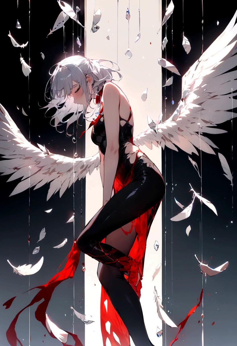 (masterpiece:1.1), (best quality:1.1), (Vibrant colors:1.1), (Solitary:1.2), (1 Girl:1.0), ((weightlessness，Falling posture)),Drunk，Close your eyes，Tears，((Broken lens)), (stocking:1.0), (（Broken feather wings）),Angel Wings， (fallen Angel)，Torn light-colored clothing，Blood