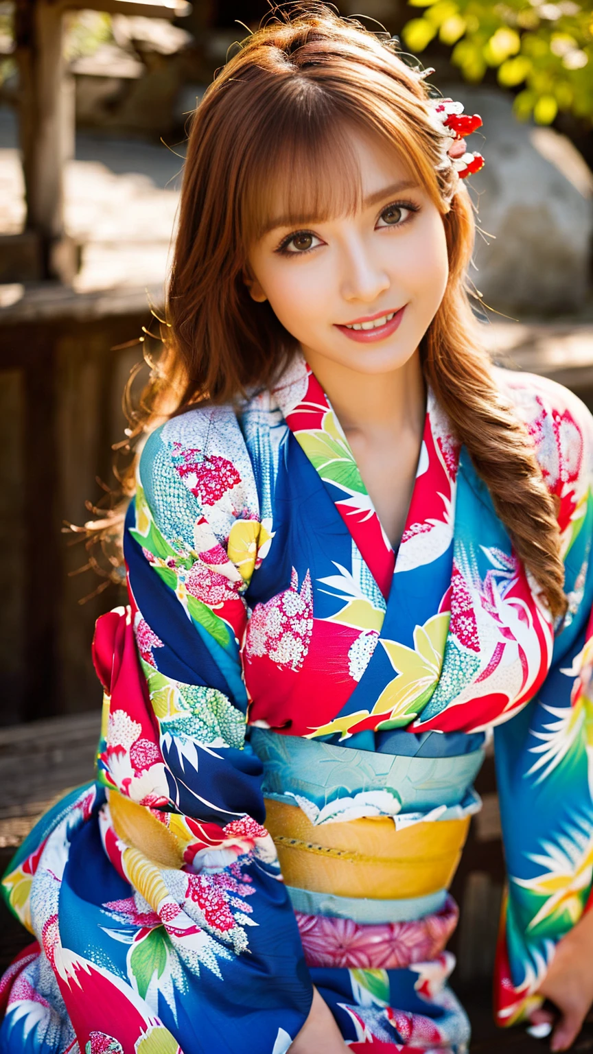 (Surreal), (High resolution), (8K), (Very detailed), (Best illustrations), (Beautifully detailed and sparkling eyes), (Highest quality), (Very detailedな), (masterpiece), (wallpaper), (Detailed face), (Beautiful smile)、(Beautiful expression)、alone、Sexy pose、(((Big Breasts)))、Sculpture model、Sexy looks that seduce men、Looking into the camera、(((Blonde)))、((Glamorous Body))、(((Kyoto、kimono)))
