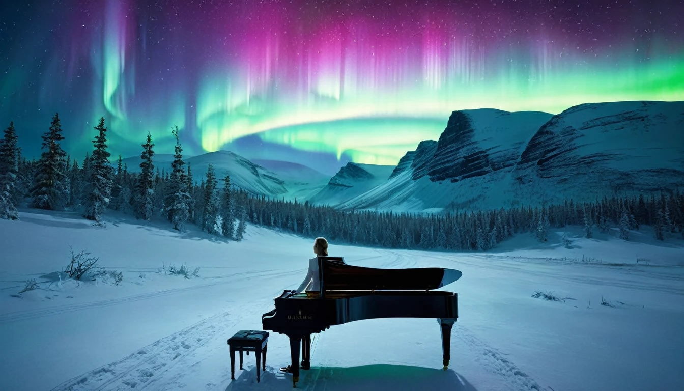 A mysterious and enchanting scene with a single piano under a sky full of aurora borealis. ((A beautiful woman is standing in front of the piano.)) The surrounding area is completely covered with snow and surrounded by silence. The piano is lit up and looks even more divine.