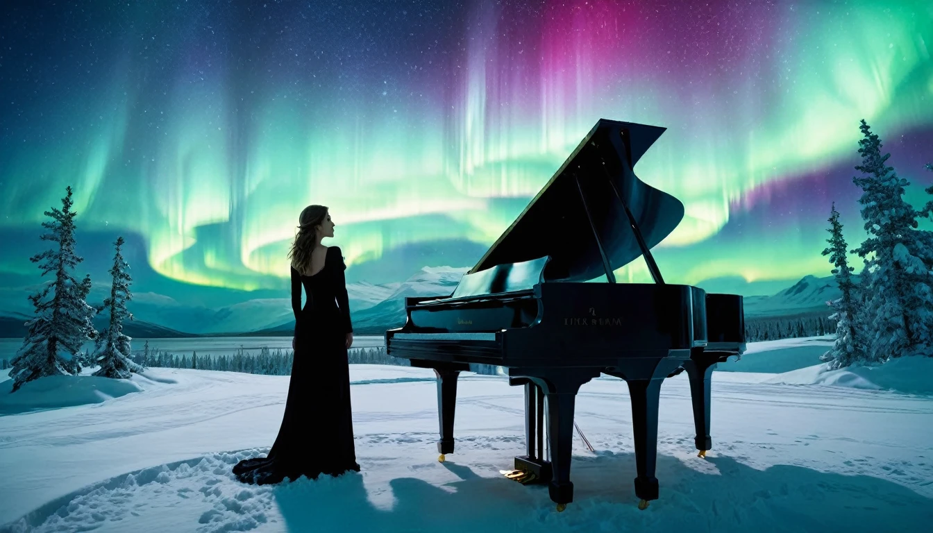 A mysterious and enchanting scene with a single piano under a sky full of aurora borealis. ((A beautiful woman is standing in front of the piano.)) The surrounding area is completely covered with snow and surrounded by silence. The piano is lit up and looks even more divine.
