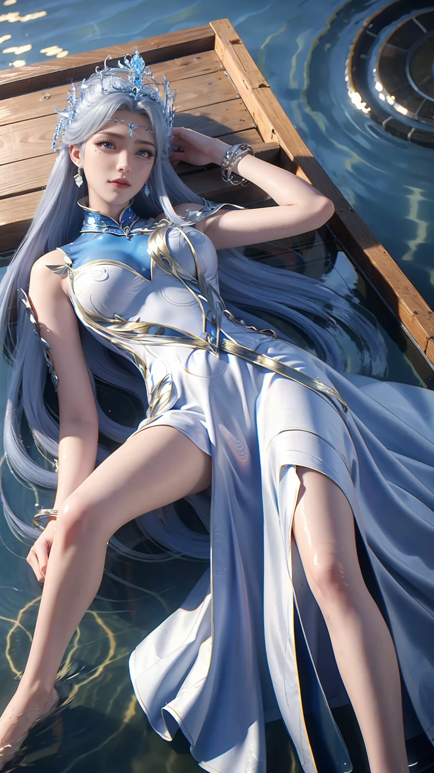 A girl lying on the bed under the stars, delicate smile, beautiful delicate eyes, beautiful delicate lips, extremely delicate face and eyes, long eyelashes, sexy body, flowing hair, best picture quality, famous works, ultra high resolution, (realistic :1.4), RAW photos, (Beautiful face :1.2), (Lying on the water :1.5), 1 girl, (surreal), (8K), (4K), physical rendering, starry sky, ((full body shot)), barefoot, cross-legged, wearing a dress, long skirt,Wet all over,Water Magic,Wet