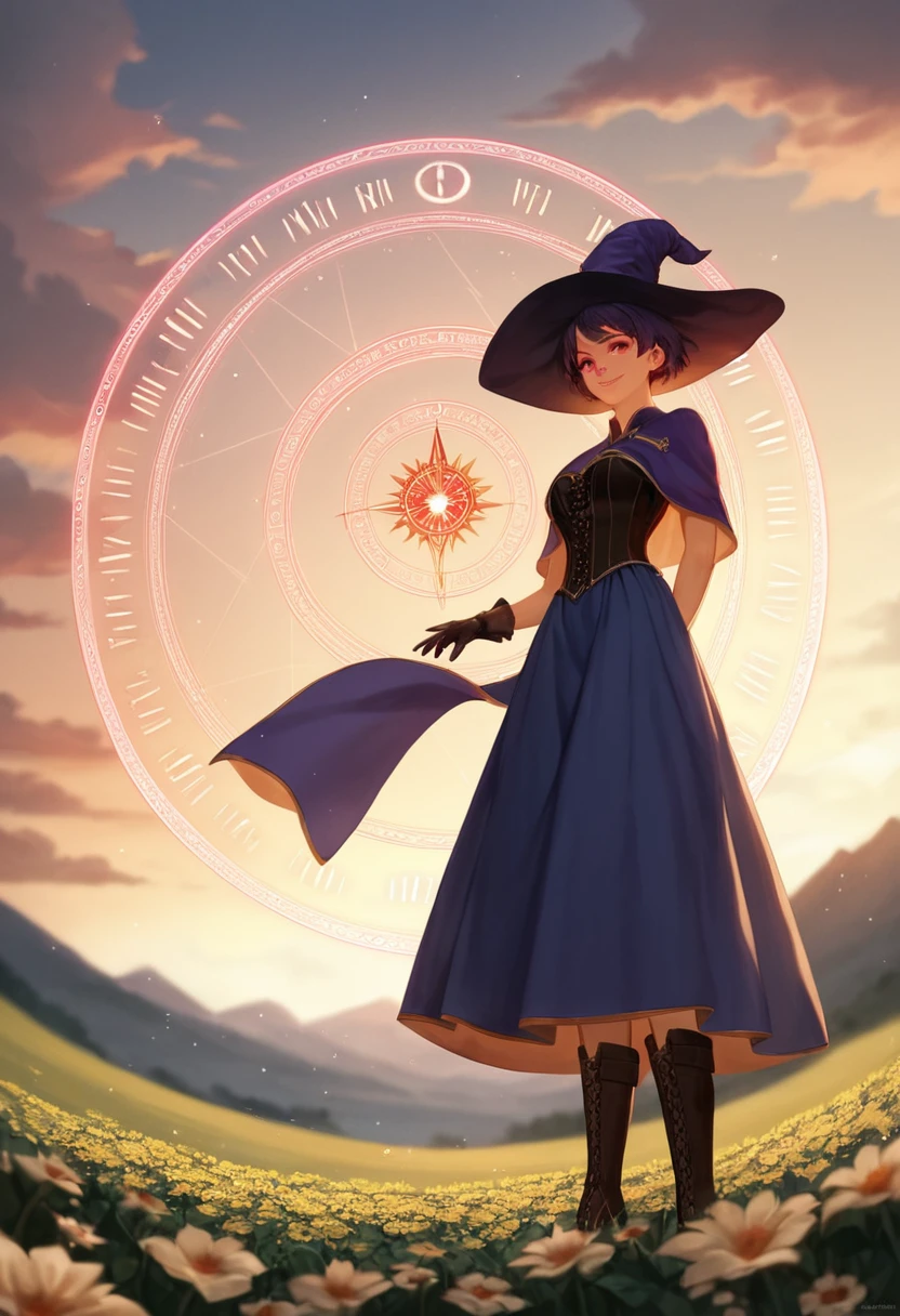 score_9, score_8_up, score_7_up, score_6_up, score_5_up, score_4_up , (masterpiece, best quality, very aesthetic, ultra detailed), intricate details, 1 anime girl, beautiful girl, portrait image, Low angle view. Looking over shoulder, Mage, Magic circle., Flowing cloak, tunic, gloves, skirt, corset, boots,Highly detailed face, short hair, highly detailed red eyes, Open field of flowers, Blurred background. Sunset, Natural light enhancing contours of her body., Sunrise, Sky is gradient blue and purple, Smile, Clouds. Witch hat, Hand behind back.