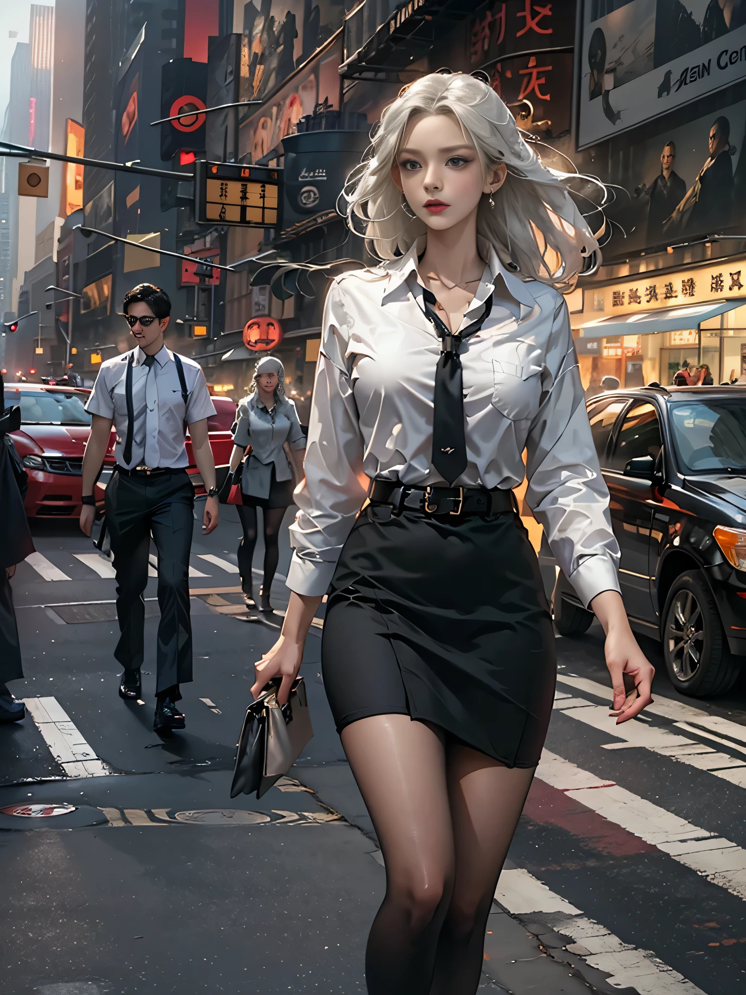 (Woman walking through the streets of New York),Photorealistic, High resolution, 1 Women, solo, hips up high, Beautiful eyes, Close lips, Detailed face, White hair, Long hair, Collared shirt, black necktie,Black skirt, pencil skirts, Black stockings,(career woman)