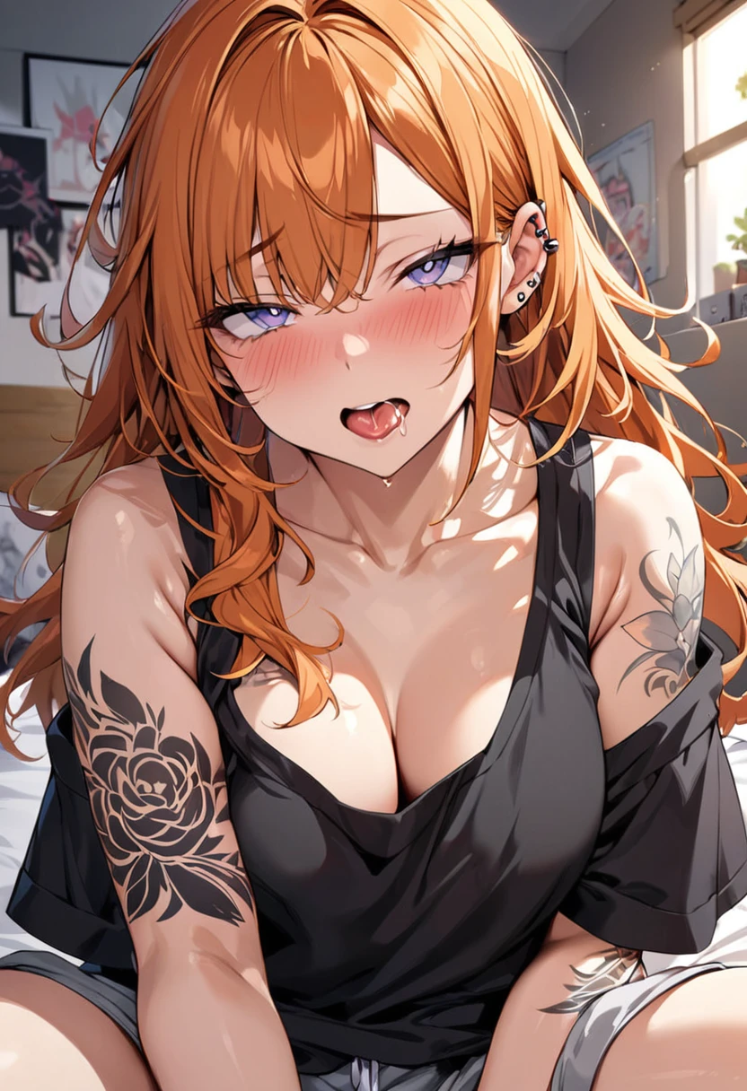 20 year old female, long orange hair, messy hair, perfect eyes, perfect silver irises, perfect pupils, thick thighs, baggy black shirt, shorts, comfy clothes, many ear piercings, ahegao face, tounge out, close up, flustered, messy bedroom, otaku bedroom, sitting on bed, highly detailed, best detail, best hands, right forearm tattoo, perfect tattoo