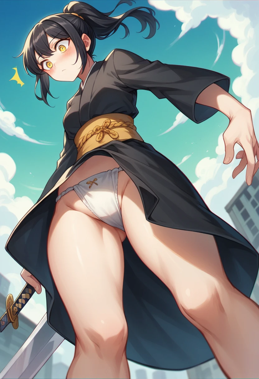 NSFW,Highest quality, Intricate details, chromatic aberration,One Girl, Black kimono with gold rimming, Hair tied in a ponytail,Black Hair,Yellow Eyes,Sword on waist,god々Shining Eyes, Full Art,Facing forward,Have a conversation,whole body,Urban area,Character portrait,The wind blows up my skirt,Expressionless,surprise,blush,Fundoshi panties,Angle from below
