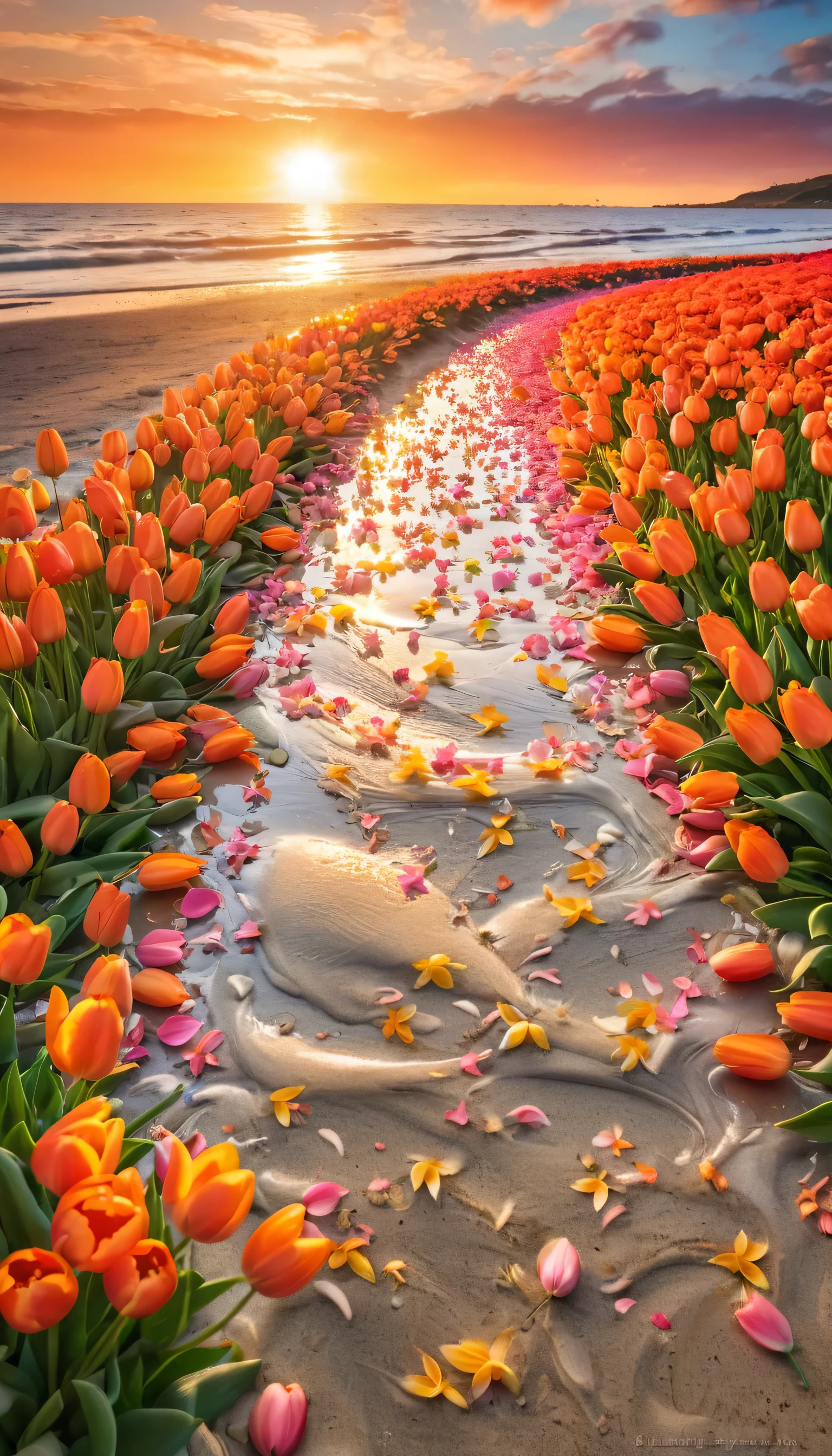 Orange wallpaper with tulips on the beach,There is also a beautiful sunset and small tulip petals on the beach