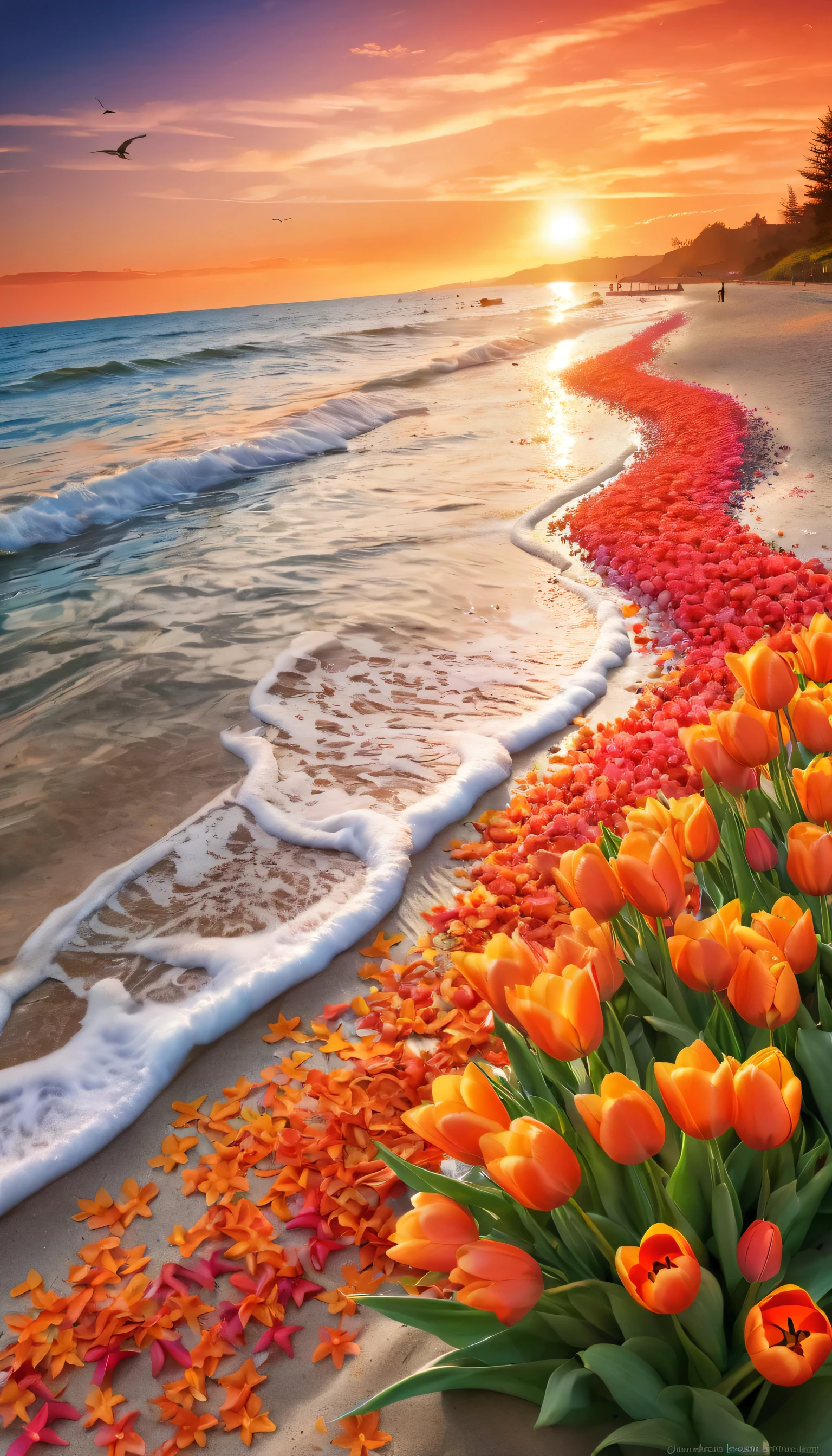 Orange wallpaper with tulips on the beach,There is also a beautiful sunset and small tulip petals on the beach