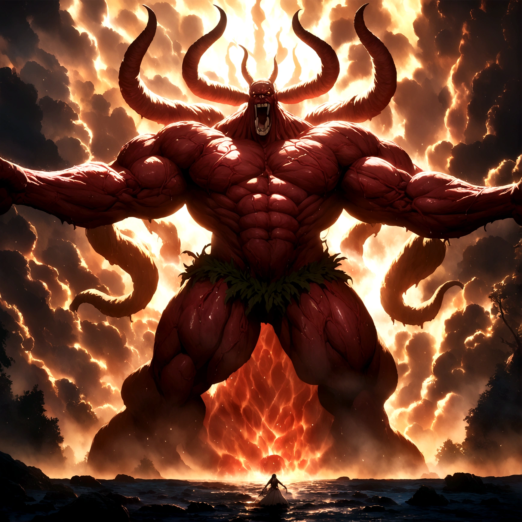 Abomination, body made of flesh and muscle, four arms, "Anime features inspired by One Piece, drenched in dramatic and incredible lighting, dramatic lighting, infused with creative details, ultra-fine 2D design, scenery bathed in creativity, bathed in creativity, boasting HD anime resolution clarity, HD anime graphics, high-octane rendering"