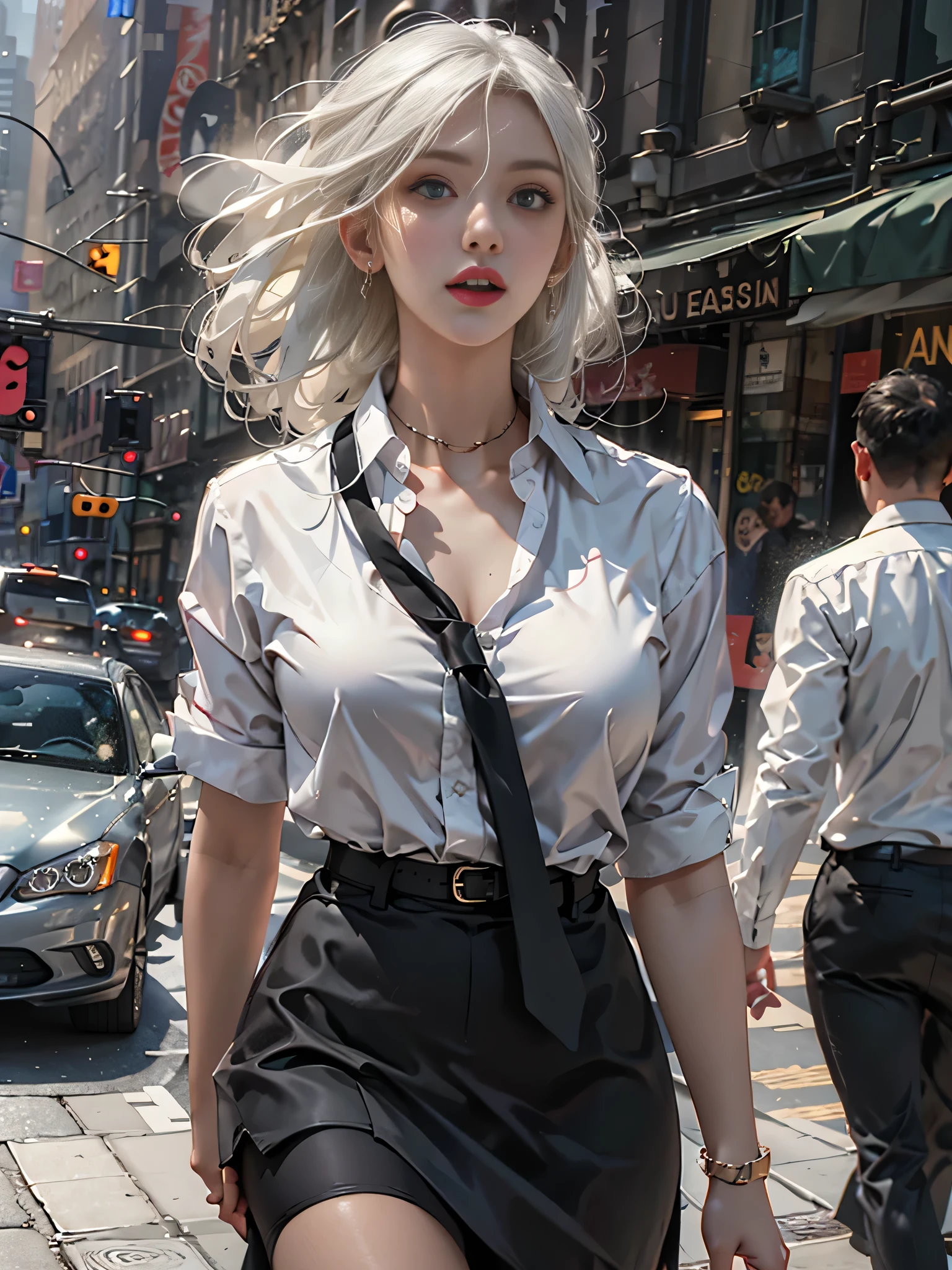 (Woman walking through the streets of New York),Photorealistic, High resolution, 1 Women, solo, hips up high, Beautiful eyes, Close lips, Detailed face, White hair, Long hair, Collared shirt, black necktie,Black skirt, pencil skirts, Black stockings,(career woman)