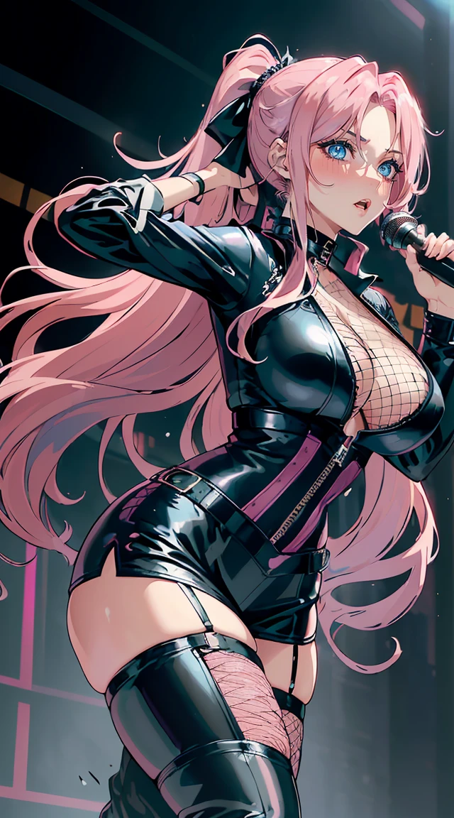 handsome WOMAN,blue-eyes,blue pupils,Long pink hair,Hyperresolution,accuracy,Detailed rendering,(Subtle facial image)(Image of fine hair)(topquality)(Masterpieces of masters)(High degree of completeness)(A sense of atmosphere)tmasterpiece,Super detailed and super detailed(half-body portrait), long wavy pink hair, (((tHICK WAVY HAIR)))(((ANKLE LENGTH HAIR)))(((Blushing)))(((Huge breasts)))(((LARGER BREASTS))) large breasts, bigger breasts (((Bigger breasts))) (((Blushing))) (((Sakimichan))) (((Pink hair))) (((black Rockstar outfit))) (((Leather black outfit))) (((Rockstar)))(((Fishnet tights)))(((cASUAL ROCK OUTFIT))) (((gRUNGE OUTFIT))) (((rOCK MAKEUP))) (((sINGING))) (((bLACK LEATHER OUTFIT))) (((bLACK EYELINER)))(((Fierce expression))) (((Focused))) (((Hair in a long ponytail))) (((Ponytail))) (((Sexy latex outfit)))(((Elf ears)))
