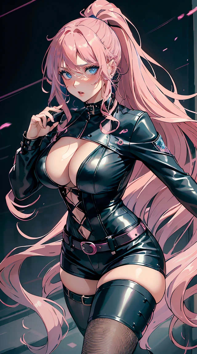 handsome WOMAN，blue-eyes，blue pupils，Long pink hair，Hyperresolution，accuracy，Detailed rendering，（Subtle facial image）（Image of fine hair）（topquality）（Masterpieces of masters）（High degree of completeness）（A sense of atmosphere）tmasterpiece，Super detailed and super detailed（half-body portrait), long wavy pink hair, (((tHICK WAVY HAIR)))(((ANKLE LENGTH HAIR)))(((Blushing)))(((Huge )))(((LARGER BREASTSge breasts, biggets (((Bigger bre (((Blushing))) ((chan))) (((Pink hair))) (((black Rockstar outfit))) (((Leather black outfit))) (((Rockstar)))(((Fishnet tights)))(((cASUAL ROCK OUTFIT))) (((gRUNGE OUTFIT))) (((rOCK MAKEUP))) (((sINGING))) (((bLACK LEATHER OUTFIT))) (((bLACK EYELINER)))(((Fierce expression))) (((Focused))) r in a long ponytail))) (((Ponytail))) (((Sexy latex outfit)))(((Elf ears)))