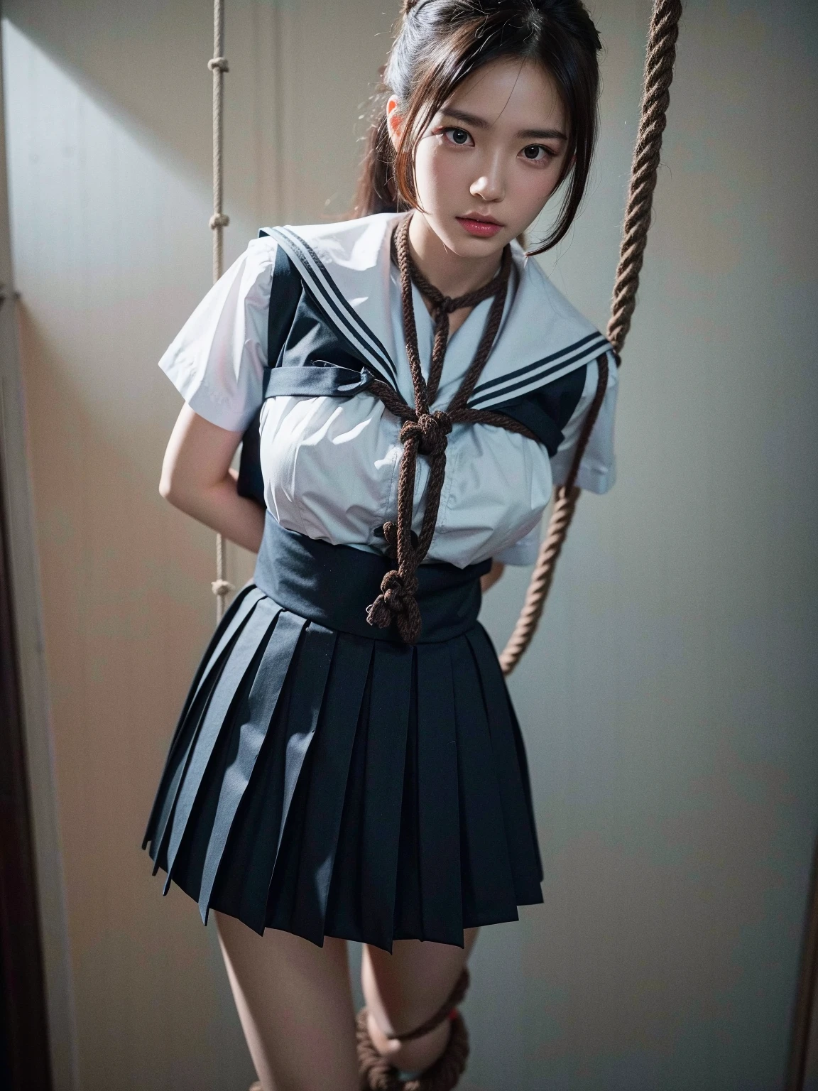 (41k4:0.6), (:emma watson:0.2), (aika-sawaguchi:0.25), masterpiece, Best Quality, 8K, Raw photo, (wearing sailor school uniform:1.5), top-notch quality, masterpiece, (full body shot:1.5), (exceptionally detailed RAW color photo, professional-grade photograph, (rope bondage:1.5), (tied up with rope:1.4), (facing viewer:1.5), (looking at viewer:1.4), (Realistic, Photorealistic:1.37), (highly detailed skin:1.2), Ultra-high resolution, (lens 50mm), (masterpiece, top-quality:1.3), (hyper realistic:1.35), (Photorealistic:1.45), (Realistic:1.4), solo, (1 pretty Japanese girl), 21 years old, Japanese idol, supermodel, pale skin, (slim:1.3), (slim body:1.25), (slender body:1.25), (narrow waist:1.35), pretty face, (large breasts:1.15), (deep cleavage:1.3), gravure idol