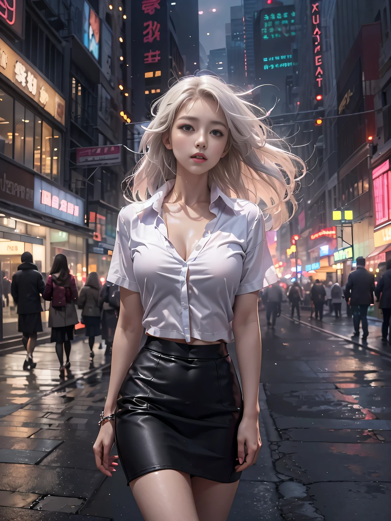 (Woman walking through the streets of New York)、(Walking briskly),Photorealistic, High resolution, 1 Women, solo, hips up high, Beautiful eyes, Close lips, Detailed face, White hair, Long hair, Collared shirt, black necktie,Black skirt, pencil skirts,In underwear, White long coat、、Black stockings fluttering in the wind(Kpop Idol)、Medium Hair、(Pink blush)、(illuminating)、dynamicposes、((erectile nipple))、(Puffy eyes:1.2)、 (slim legs),(Light shines on the face and chest)、(((((underboob)))))、Lower breast、Oily skin、skinny、 (The underside of the chest is slightly visible),(Visible lower milk、I can see your belly button and ribs)、Hip bones and lower abdomen are visible、((White T-back panties visible)),