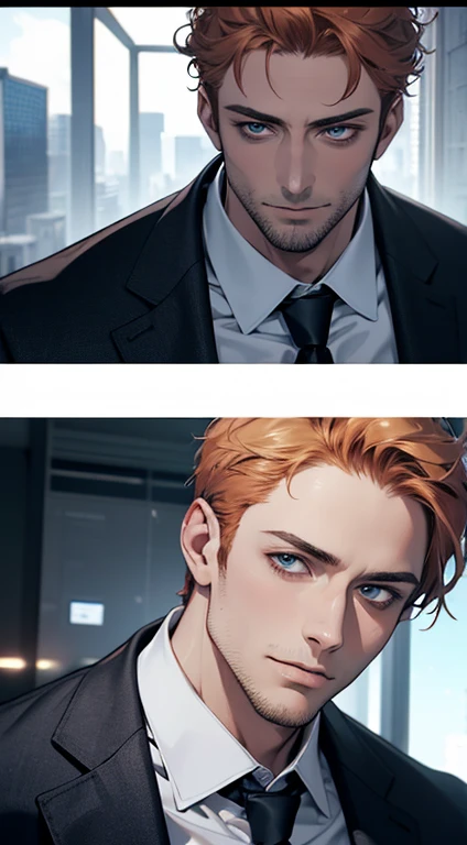 (best quality,4k,8k,highres,masterpiece:1.2),ultra-detailed,(realistic,photorealistic,photo-realistic:1.37),1 man,31 years old,mature man,very handsome,without expression,smile,short grey b
Orange hair,blue eyes,penetrating gaze,perfect face without errors,imposing posture,businessman,office background,cinematic lighting,hdr image