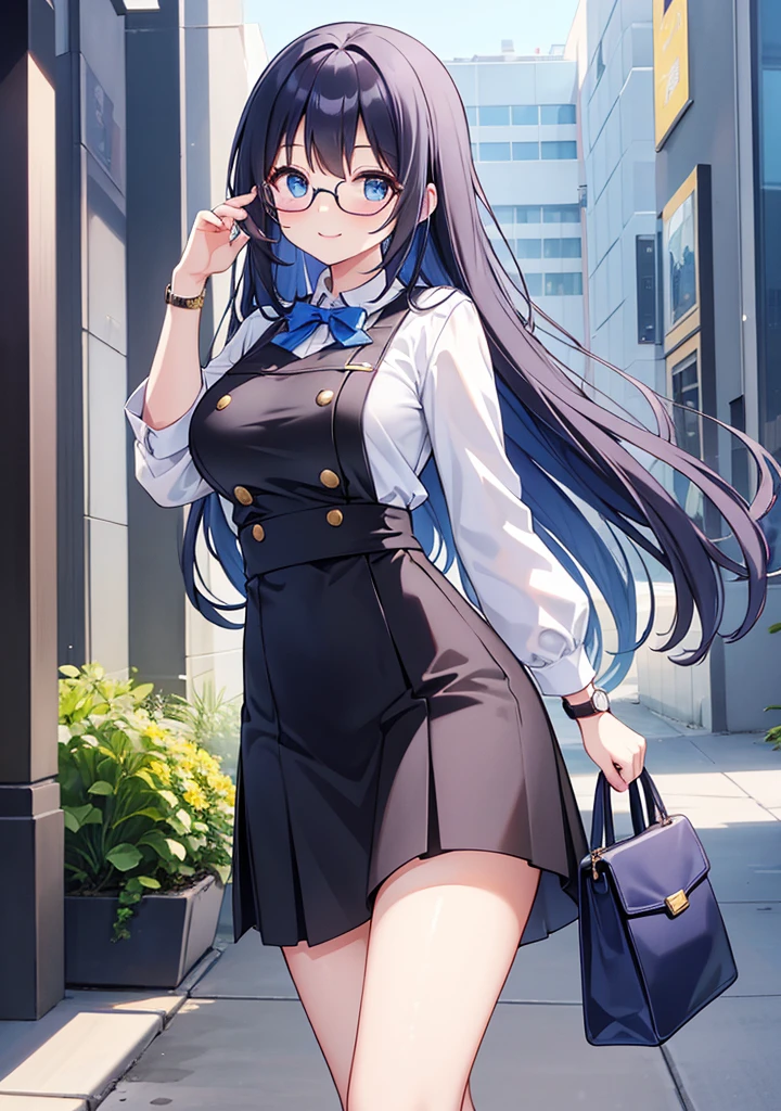 1 female、金色Long hair造型优雅、blue eyes、Workplace outfits,White shirt,Gray hip skirt,Black high heels,Wearing a watch,Carrying a black leather bag,Be confident,Full of aura,best quality、Very detailed、8 resolution、RAW photos、masterpiece、Perfect body、high resolution、best quality、Detailed drawings、Vibrant colors、Long hair、Gold rimmed glasses、Attractive breasts、suit、Smile