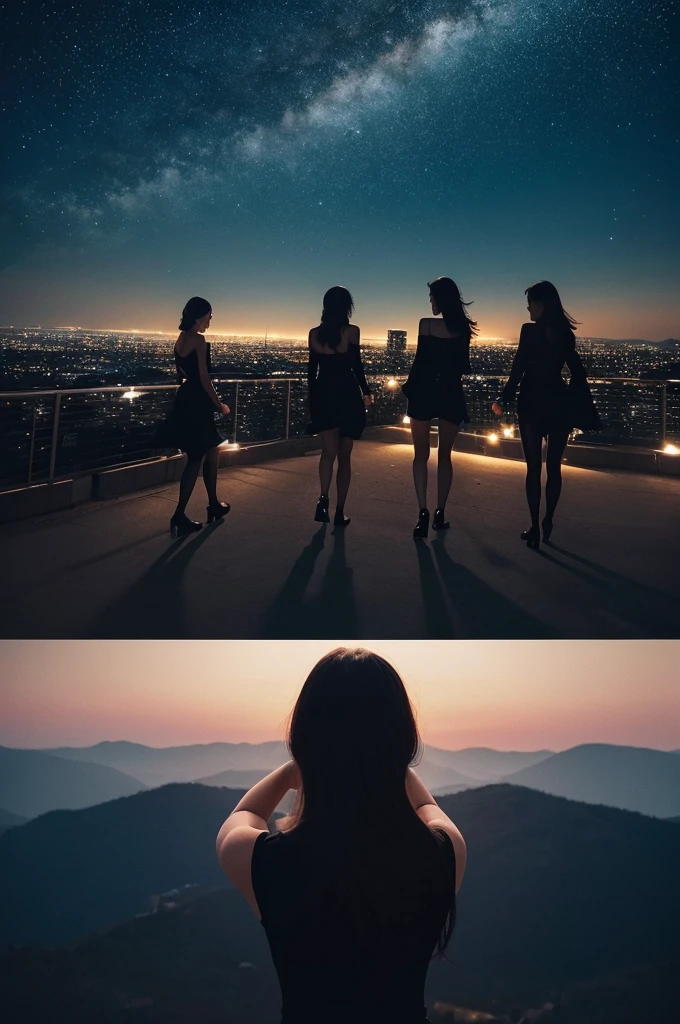 Three pretty, beautiful women in sexy black clothing are walking backwards, disappearing into a beautiful landscape. The scene is melancholic and introspective, with long shots and fade-outs creating a sense of closure. The background is a starry and moonlit cityscape at night.