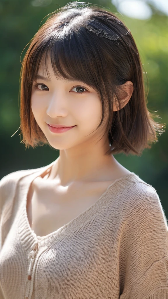 (1girl), ponytail, Extremely cute face, Amazing face and eyes, (Highly detailed eyes, Highly detailed face), fresh, Very clean appearance, (Hyper-realistic, hight resolution), (Best Quality:1.4), (hyper quality), Authentic skin texture, Raw photo, (Realistic, Photorealsitic:1.37), highly detailed, girl portrait, Japanese beautiful girl, the most beautiful girl in the world, short hair, LOL,smile