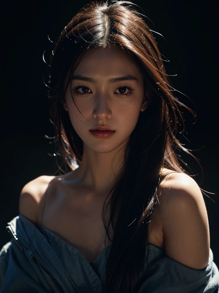 best qualtiy，tmasterpiece，ultra high resolution，（Realism：1.4），RAW photogr，1girll，cropped shoulders，in the darkness nigth，deep shading，low tune，cold light，head portrait，He had sashimi on him, Half-prayer words were written on his body