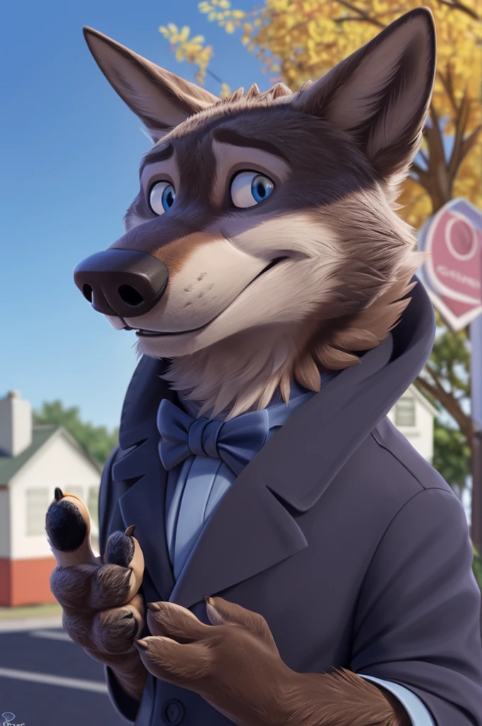 Larry (Zootopia), wolf, Gray Fur, (brown body:1.3), beautiful blue eyes, Zootopia, dressed,blazer,pink blue shirt,trousers,white bowtie, canine,wolf, detailed fur, male, second, paw pads, finger claws,wears a bow tie, Games,At the viewer, 5 fingers ring, paws, 4 toes,
BREAK from nextel, for dating, by xenoforge, (difficult, high detail,digital photography, soft focus, RAW, close to the camera, smile, positive, Good, mood, Houses, looks at the viewer, очень close to the camera, Photorealism, realistic, photorealistic,digital style, Subsurface scattering,очень close to the camera
шедевр, Best quality, ultra realistic, 8 thousand.)