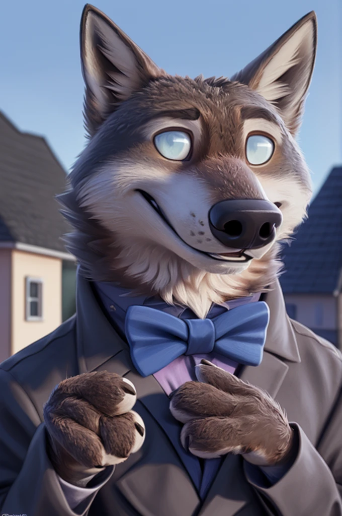 Larry (Zootopia), wolf, Gray Fur, (brown body:1.3), beautiful blue eyes, Zootopia, dressed,blazer,pink blue shirt,trousers,white bowtie, canine,wolf, detailed fur, male, second, paw pads, finger claws,wears a bow tie, Games,At the viewer, 5 fingers ring, paws, 4 toes,
BREAK from nextel, for dating, by xenoforge, (difficult, high detail,digital photography, soft focus, RAW, close to the camera, smile, positive, Good, mood, Houses, looks at the viewer, очень close to the camera, Photorealism, realistic, photorealistic,digital style, Subsurface scattering,очень close to the camera
шедевр, Best quality, ultra realistic, 8 thousand.)
