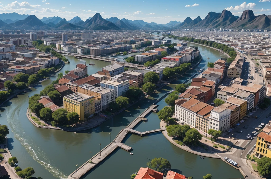 The city is crossed by a wide and winding river, the Rio Sombra, which divides the city into two parts: the historic side, with its colonial buildings and cobblestone streets, and the modern side, with skyscrapers, shopping centers and neighborhoods. contemporary residential. (up view, digital art, grafic novel, RPG art)