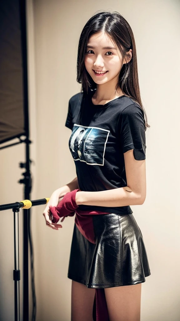 (Highest quality:1.5), (Real:1.4), (Ultra high definition:1.4), (No correction:1.4), (Skinny 18 year old girl), (Plain background), (1 Japanese very thin girl with flat chest in eighteen years old), (very thin body), skinny face, (Beautiful skin), (T-Shirts), (flare skirt), (girl is wearing T-shirt and flare skirt), (very thin girl is standing front plain back ground), (18yo very thin girl is standing front plain back ground in studio), (front view of a flat chest girl), Photo studio, (Upper Body), (smile), (Turn your body forward), (Flat Chest), (flat chest), (Very thin), (very thin)