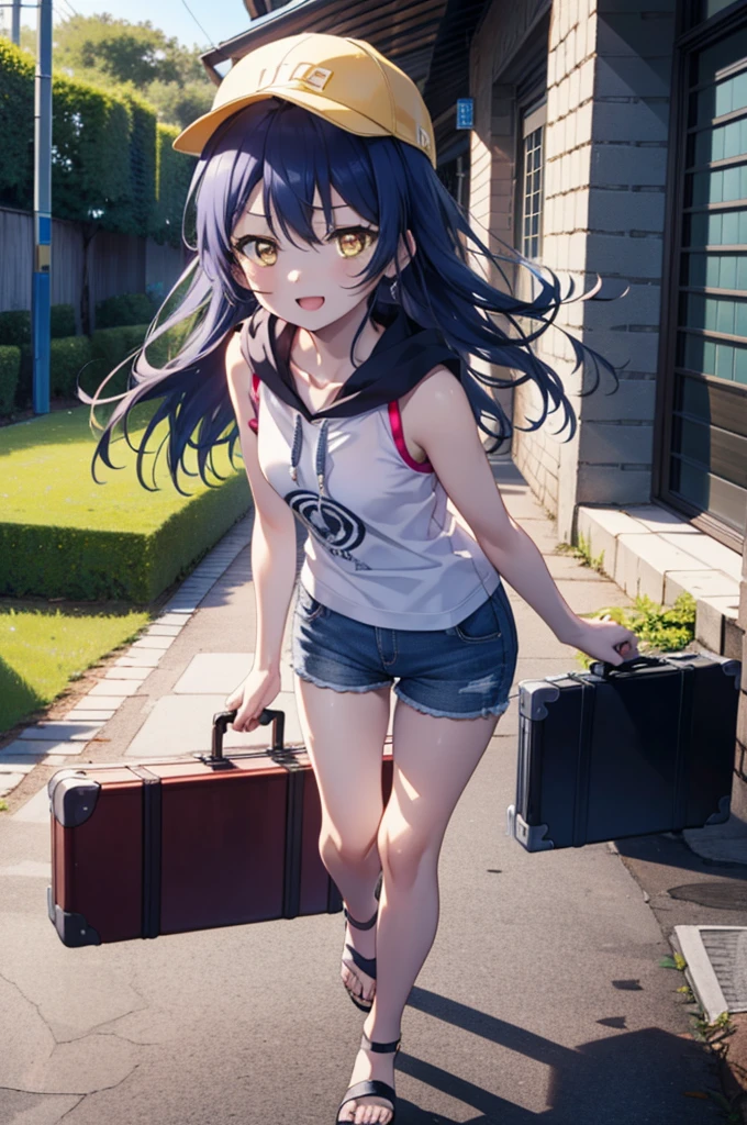 Umi Sonoda, Long Hair, Blue Hair, (Yellow Eyes:1.5) (Flat Chest:1.2),happy smile, smile, Open your mouth,Baseball hats,Sleeveless blue hoodie,Open front,White Tank Top,Shorts,Sandals,Push-type suitcase,Walking,Daytime,Clear skies,True Summer,whole bodyがイラストに入るように,
break looking at viewer,whole body,
break indoors, countryside,In town,
break (masterpiece:1.2), Highest quality, High resolution, unity 8k wallpaper, (figure:0.8), (Beautiful attention to detail:1.6), Highly detailed face, Perfect lighting, Highly detailed CG, (Perfect hands, Perfect Anatomy),