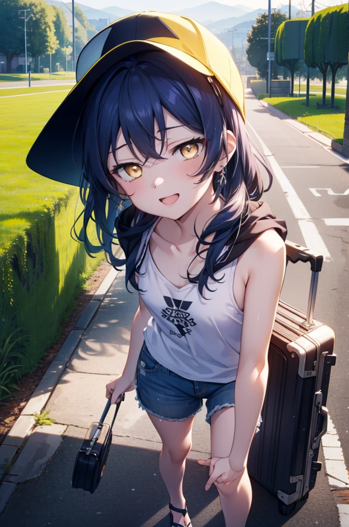 Umi Sonoda, Long Hair, Blue Hair, (Yellow Eyes:1.5) (Flat Chest:1.2),happy smile, smile, Open your mouth,Baseball hats,Sleeveless blue hoodie,Open front,White Tank Top,Shorts,Sandals,Push-type suitcase,Walking,Daytime,Clear skies,True Summer,whole bodyがイラストに入るように,
break looking at viewer,whole body,
break indoors, countryside,In town,
break (masterpiece:1.2), Highest quality, High resolution, unity 8k wallpaper, (figure:0.8), (Beautiful attention to detail:1.6), Highly detailed face, Perfect lighting, Highly detailed CG, (Perfect hands, Perfect Anatomy),
