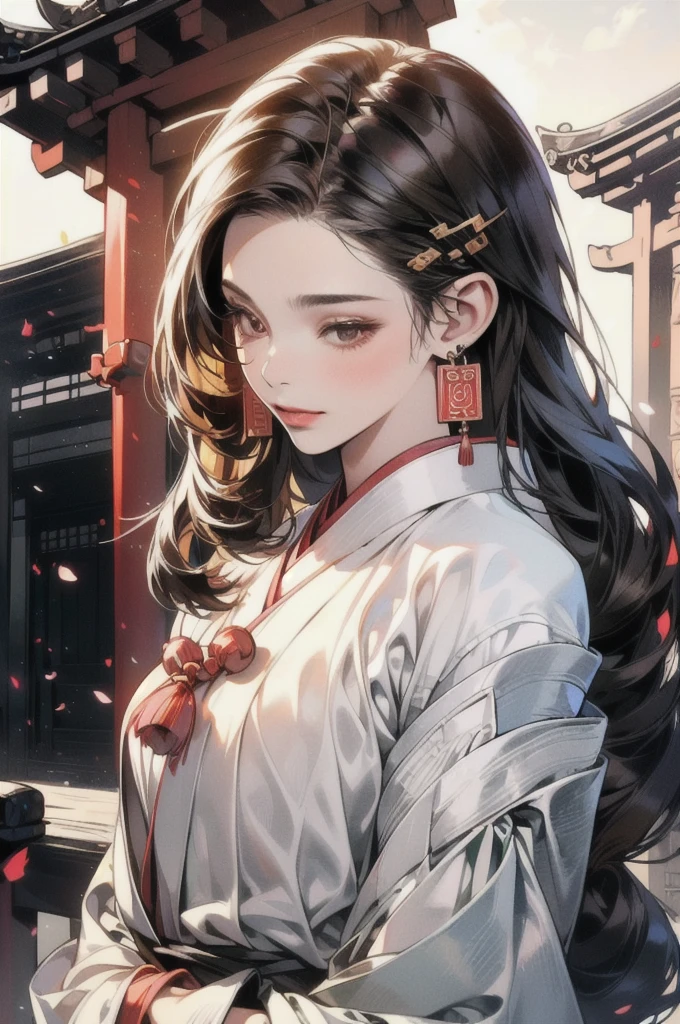 (Highest quality: 1.3, masterpiece: 1.3), Ultra HD, (One girl, alone), Atmospheric perspective, Detailed face, Upper Body, compensate, Pink Lips, Cleft lip, Shiny skin, (Brown Hair), Super long hair, In front of an audience, Red eyes, Earrings, Small breasts, The body is slim, (White silk), (((((East Asian architecture, Riverside, Beautiful background))), Perfect lighting, (Front lighting), Physically Based Rendering,