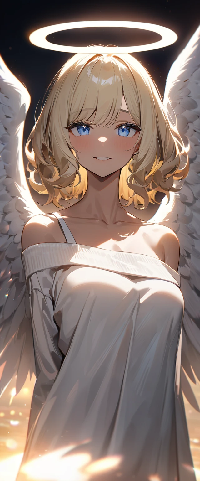 (((One girl))), (((cowboy shot))), ((tanned skin:1.3)), ((sunglasses, hand to sunglasses)), ((angel, big big white wings:1.2, halo:1.3)), open mouth, ((stick out tongue)), ((wavy hair, outward curled hair)), evening, Sunset, sea, beach, ((blond hair, bob cut:1.3)), big breasts, teenager, (looking at viewer), oversized clothes, puffy long sleeves, collarbone, ((off-shoulder sweater dress:1.3, Quite thick shoulder straps)), (((sleeves past wrists:1.3))), ((white sweater)), collarbone, head tilt:1.3, (((blue eye))), ((happy smile)), (((anime style))), (best quality, 4K, 8K, highres, masterpiece:1.2, ultra-detailed, ultra-detailed eyes, HDR, uhd, studio lighting, ultra-fine painting, sharp focus, physically-based rendering, extreme detail description, professional, vivid colors, bokeh), ((Highest quality, Best image quality, Ultra-high resolution, Ultra-high resolution, solo, Strong eye highlights)), Depth of written boundary, Natural soft light, attractive, Beautiful Face, Cleanliness, Pure Face, medium chest, Beautiful Face, Perfect Fingers, Perfect hands, Perfect body, Perfect Face, Shine a light into your eyes, Perfect Anatomy