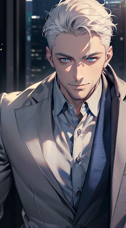 (best quality,4k,8k,highres,masterpiece:1.2),ultra-detailed,(realistic,photorealistic,photo-realistic:1.37),1 man,31 years old,mature man,very handsome,without expression,smile,short white hair,blue eyes,penetrating gaze,perfect face without errors,imposing posture,businessman,office background,cinematic lighting,hdr image