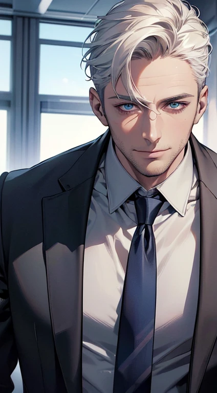 (best quality,4k,8k,highres,masterpiece:1.2),ultra-detailed,(realistic,photorealistic,photo-realistic:1.37),1 man,31 years old,mature man,very handsome,without expression,smile,short white hair,blue eyes,penetrating gaze,perfect face without errors,imposing posture,businessman,office background,cinematic lighting,hdr image