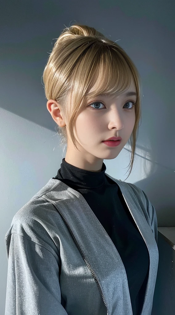 20-year-old woman, blonde, (High Top Fade:1.3), Dark Theme, Calm tone, Calm colors, High Contrast, (Natural skin texture, Hyperrealism, Soft Light, sharp)