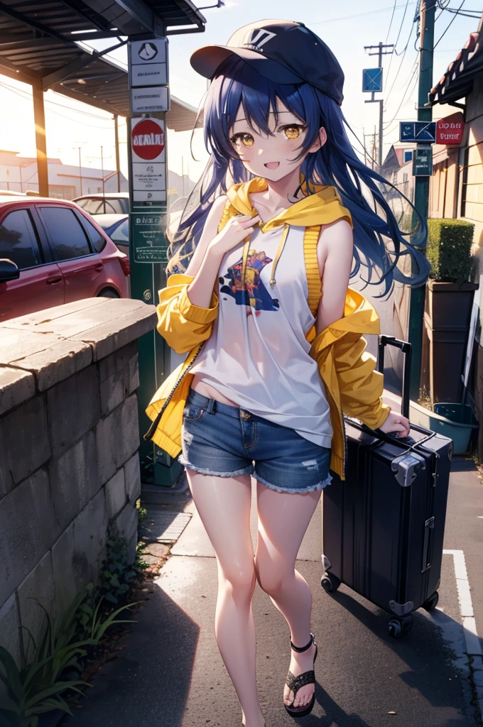  Umi Sonoda, Long Hair, Blue Hair, (Yellow Eyes:1.5) (Flat Chest:1.2),happy smile, smile, Open your mouth,Baseball hats,Sleeveless blue hoodie,Open front,White Tank Top,Shorts,Sandals,Push-type suitcase,Walking,Daytime,Clear skies,True Summer,whole bodyがイラストに入るように,
break looking at viewer,whole body,
break indoors, countryside,In town,
break (masterpiece:1.2), Highest quality, High resolution, unity 8k wallpaper, (figure:0.8), (Beautiful attention to detail:1.6), Highly detailed face, Perfect lighting, Highly detailed CG, (Perfect hands, Perfect Anatomy),