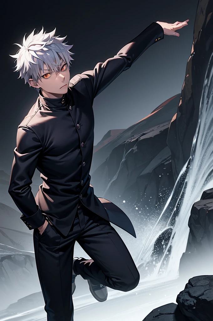 one japanese man, silver hair, orange eyes, high res, masterpiece, ultrasharp, jujustu kaisan style, jujutsu kaisen background, with a dragon
