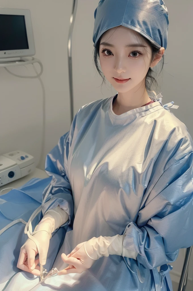 (cowboy shot:1.2), smiling elegant slim asian woman, Japanese, wearing surgical_mask_open, ((( completely_undone, surgical outfit))), black hair, (ojou-sama pose), (modern surgery room), photo, 1girl, ultra high res, realistic photorealistic, ultra-detailed, finely detailed, high resolution, perfect dynamic composition, (perfect eyes), (detailed eyes), solid circle eyes, sparkling eyes, (clean eyes), anatomically correct, super detail, textured skin, extremely detailed face and eyes, detailed facial features, ((perfect face)), wide hips