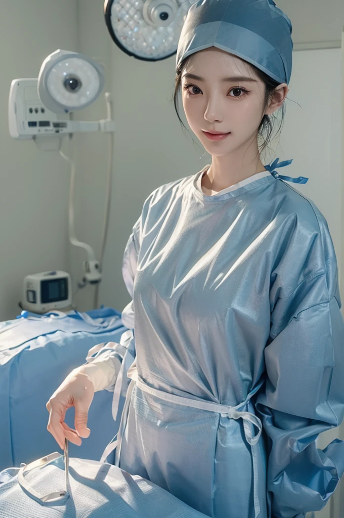 (cowboy shot:1.2), smiling elegant slim asian woman, Japanese, wearing surgical_mask_open, ((( completely_undone, surgical outfit))), black hair, (ojou-sama pose), (modern surgery room), photo, 1girl, ultra high res, realistic photorealistic, ultra-detailed, finely detailed, high resolution, perfect dynamic composition, (perfect eyes), (detailed eyes), solid circle eyes, sparkling eyes, (clean eyes), anatomically correct, super detail, textured skin, extremely detailed face and eyes, detailed facial features, ((perfect face)), wide hips