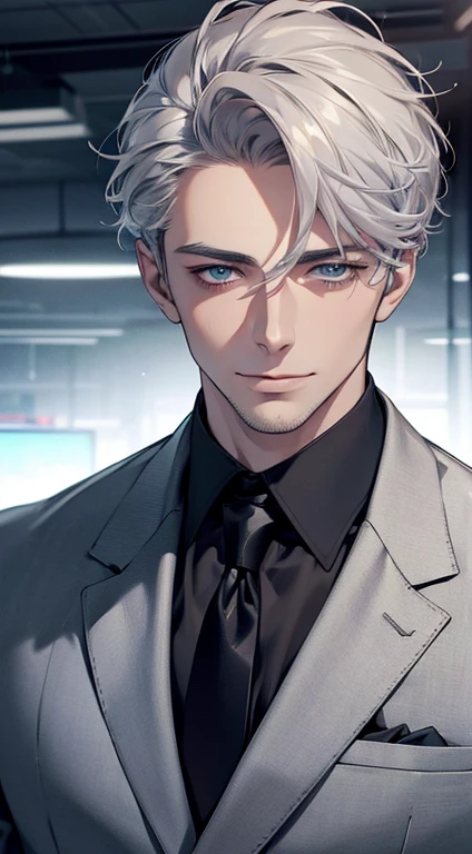 (best quality,4k,8k,highres,masterpiece:1.2),ultra-detailed,(realistic,photorealistic,photo-realistic:1.37),1 man,31 years old,mature man,very handsome,without expression,smile,short grey white hair,blue eyes,penetrating gaze,perfect face without errors,imposing posture,businessman,office background,cinematic lighting,hdr image