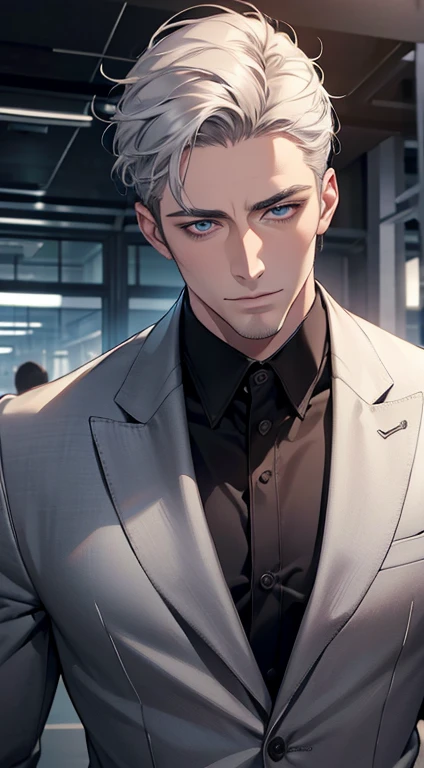 (best quality,4k,8k,highres,masterpiece:1.2),ultra-detailed,(realistic,photorealistic,photo-realistic:1.37),1 man,31 years old, man,very handsome,without expression,smile,short grey white hair,blue eyes,penetrating gaze,perfect face without errors,imposing posture,businessman,office background,cinematic lighting,hdr image