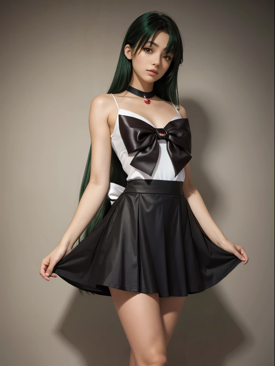 sailor pluto, 1 girl, dark green hair, long hair, brown eyes, detailed eyes, simple background, female focus, alone, Standing, Setsuna Meio, portrait, full body, (Masterpiece:1.0), (best quality:1.0 ), (wallpaper 8k:1.0), (detailed beautiful face:1.0), (detailed deep eyes), deep eyes, looking at viewer, sailor scout, brown bow on chest, brown skirt, white gloves,