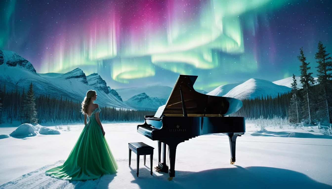 A mysterious and enchanting scene with a single piano under a sky full of aurora borealis. ((A beautiful woman is standing in front of the piano.)) The surrounding area is completely covered with snow and surrounded by silence. The piano is lit up and looks even more divine.
