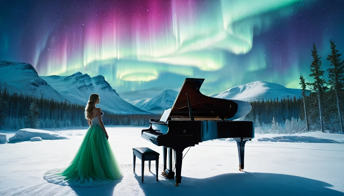 A mysterious and enchanting scene with a single piano under a sky full of aurora borealis. ((A beautiful woman is standing in front of the piano.)) The surrounding area is completely covered with snow and surrounded by silence. The piano is lit up and looks even more divine.