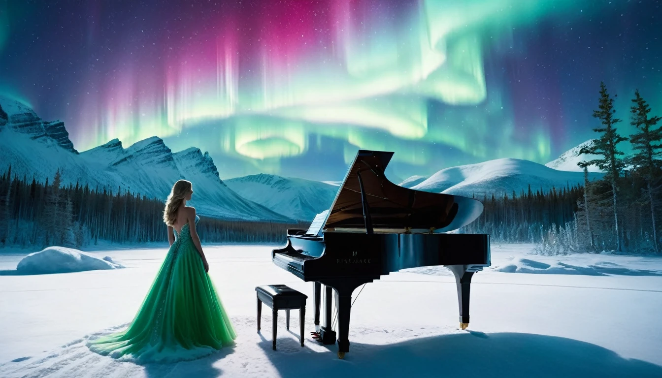A mysterious and enchanting scene with a single piano under a sky full of aurora borealis. ((A beautiful woman is standing in front of the piano.)) The surrounding area is completely covered with snow and surrounded by silence. The piano is lit up and looks even more divine.