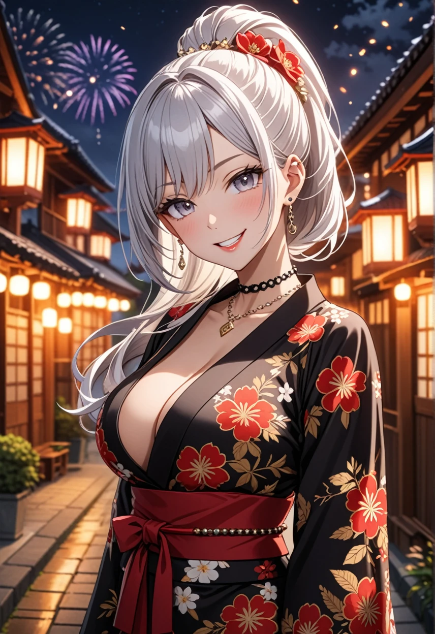 ((One personの女性)), Beautiful Face, (Laughing embarrassedly), (smirk:1.4), ((Wink:1.3)), (head tilt:1.3), Laugh with your mouth wide open, upper teeth, looking at viewer, ((full-face brash:1.5)), Glossy Red Lips, ((Big Breasts:1.4)), night,Rural landscape, firework, Glossy Red Lips, (Shining Face), ((Anime style background)),masterpiece, Highest quality, so beautiful,up to date, Complex details, (Pink long nails), (nail art), (ring),(bracelet),(Floral choker), (helix piercing:1.7), AI-generated, Complex,High resolution, Highest quality, super high quality,3D Images、3D Images,One person,Long white hair,High Ponytail, Anime woman posing for a photo, ((silver eyes:1.5)), ((Fine grain、White eyes、Shining Eyes:1.3)), (Squint your eyes:1.1),a hyperRealistic , hyperRealistic , Realistic,Anime woman with long white hair, Smooth anime CG art, (A woman in a colorful kimono with gold embroidery), ((Black long sleeve kimono:1.3)), Red floral pattern,(Long flower hair ornament),Floral Earrings,Mature Body,Abdominal muscles,Tight waist, ((Zoom in on face:1.6)), (front view:1.3),