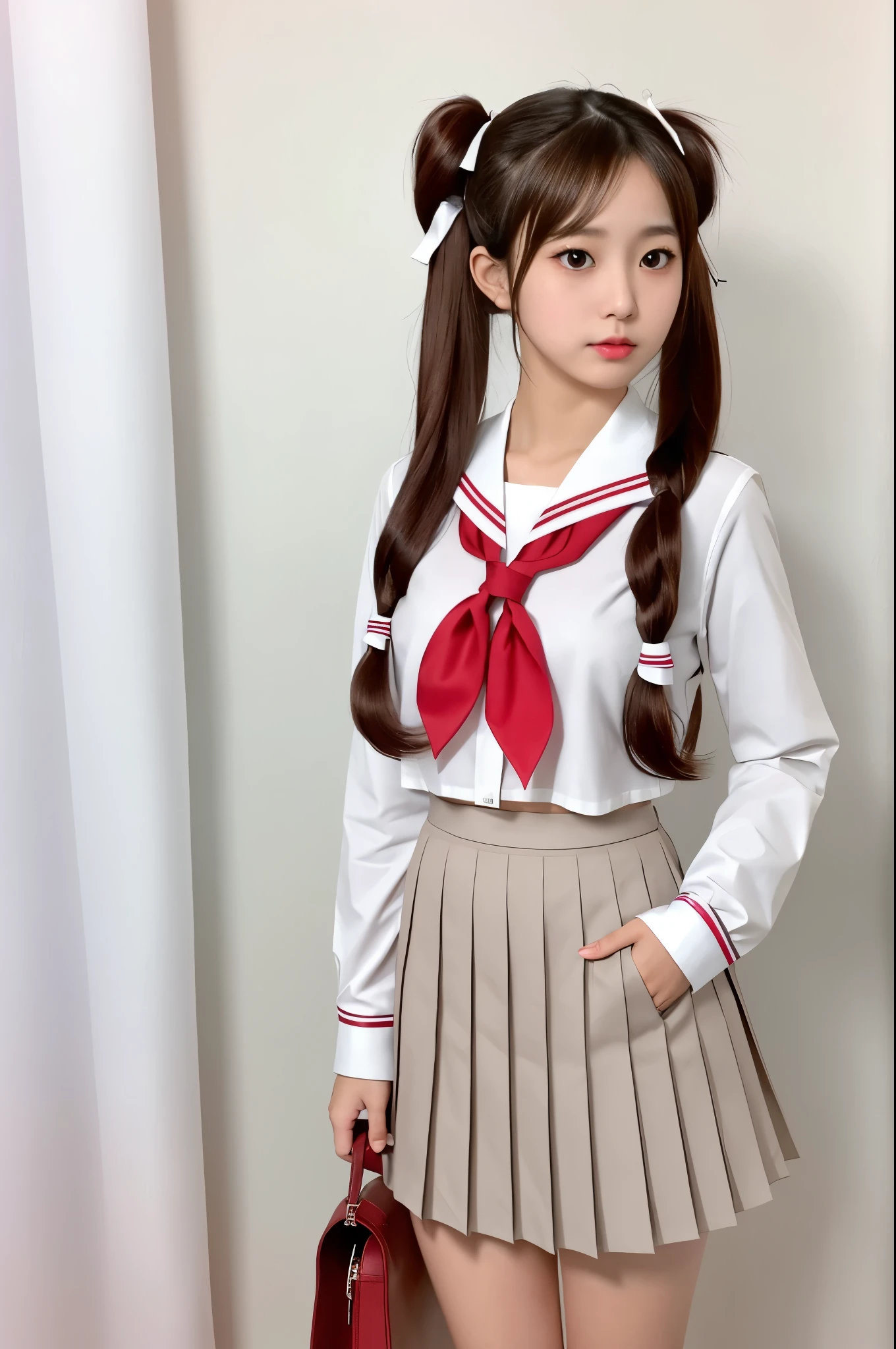 1girl, solo, long hair, skirt, brown hair, shirt, long sleeves, ribbon, holding, twintails, brown eyes, school uniform, hair ribbon, white shirt, pleated skirt, serafuku, sailor collar, bag, neckerchief, petals, white skirt, curtains, red neckerchief, holding bag, white serafuku