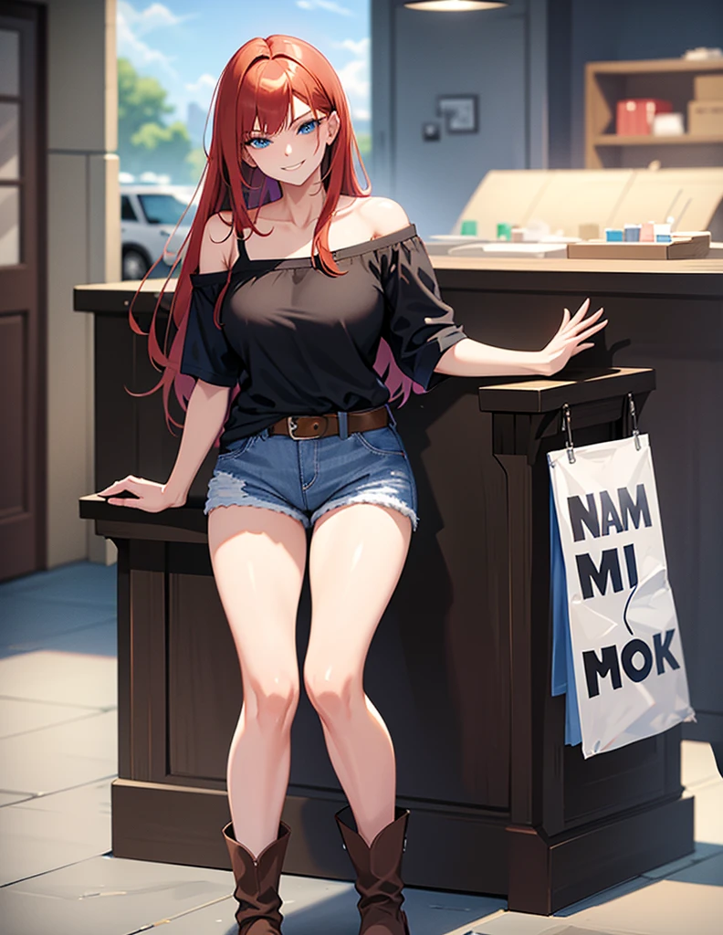 18 year old young girl, long haired redhead with blue eyes, Short white off-the-shoulder shirt, bright blue short jean shorts, serious look, SMILE, smiling, short brown boots with white