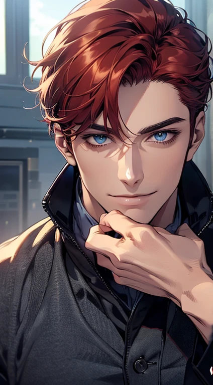 (best quality, masterpiece, 8K, photorealistic, cinematic lighting, hdr image, ultra detailed, beautiful image), a mature man, very handsome, smile, short red hair, blue eyes, perfect face without errors, ((buttoning the jacket, CEO))