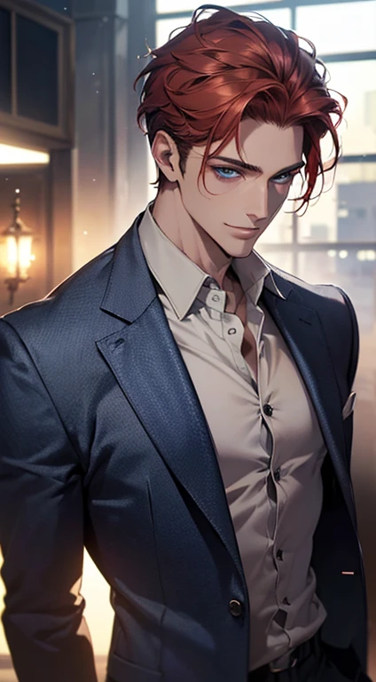 (best quality, masterpiece, 8K, photorealistic, cinematic lighting, hdr image, ultra detailed, beautiful image), a mature man, very handsome, smile, short red hair, blue eyes, perfect face without errors, ((buttoning the jacket, CEO))
